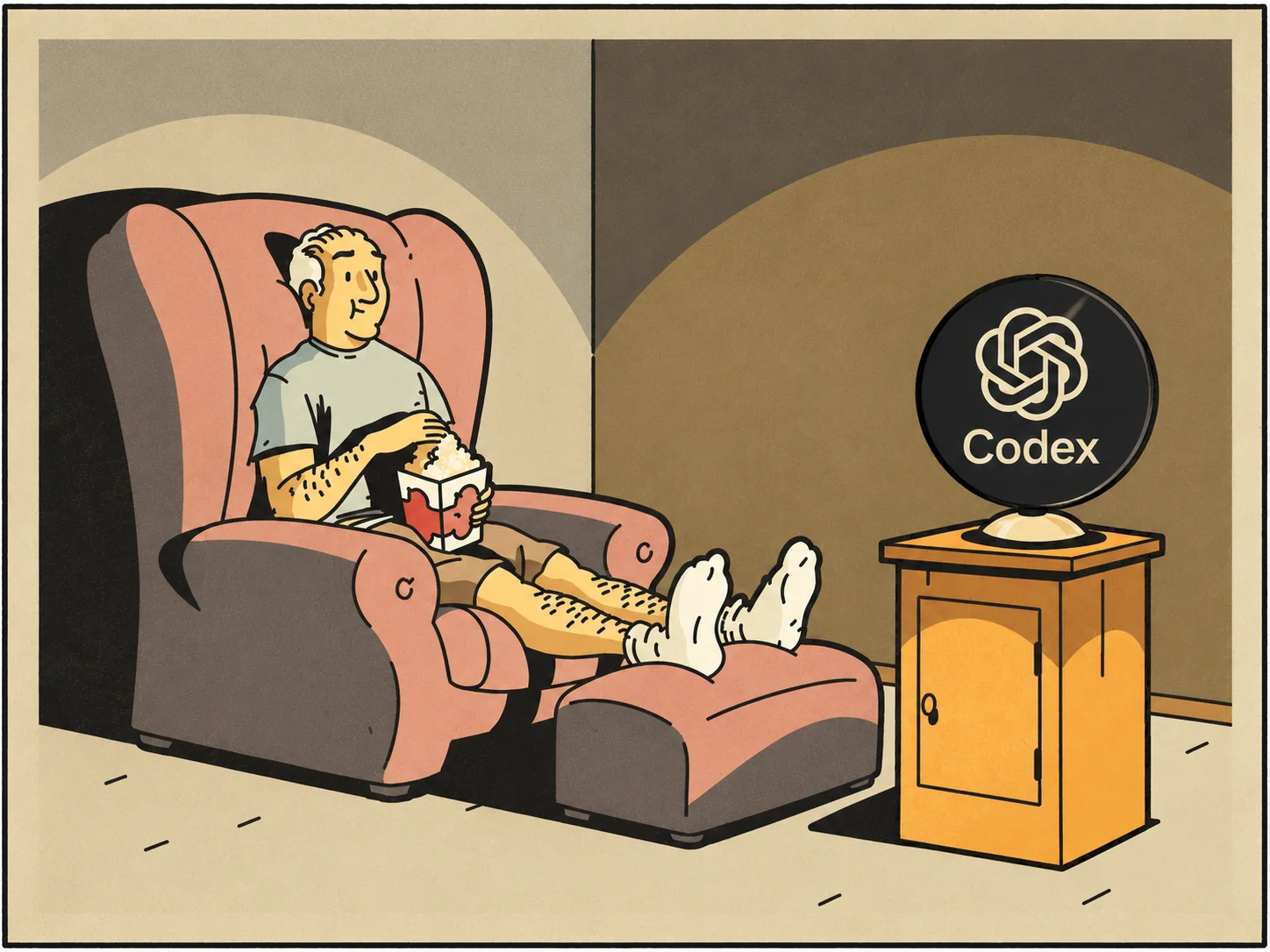 Pessoa sentada em uma poltrona com pipoca, assistindo ao Codex em uma tela